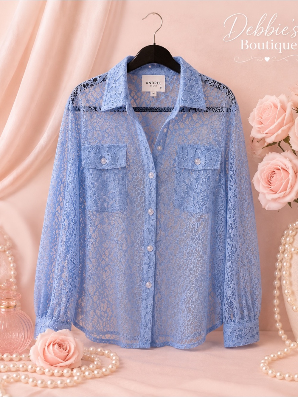 NWT Andrée by Unit Blue Sheer Lace Button Front Blouse Medium
